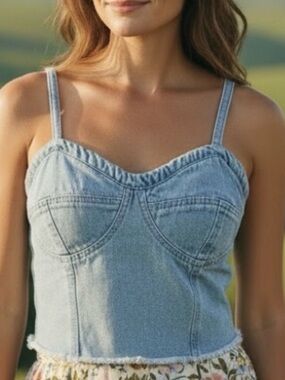 Japna Denim Blue Crop Top Corset Bustier Size Large